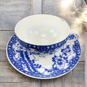 Antique Meiji Blue Cherry Blossom Tea Cup Saucer Plate Set Japan Thin Porcelain